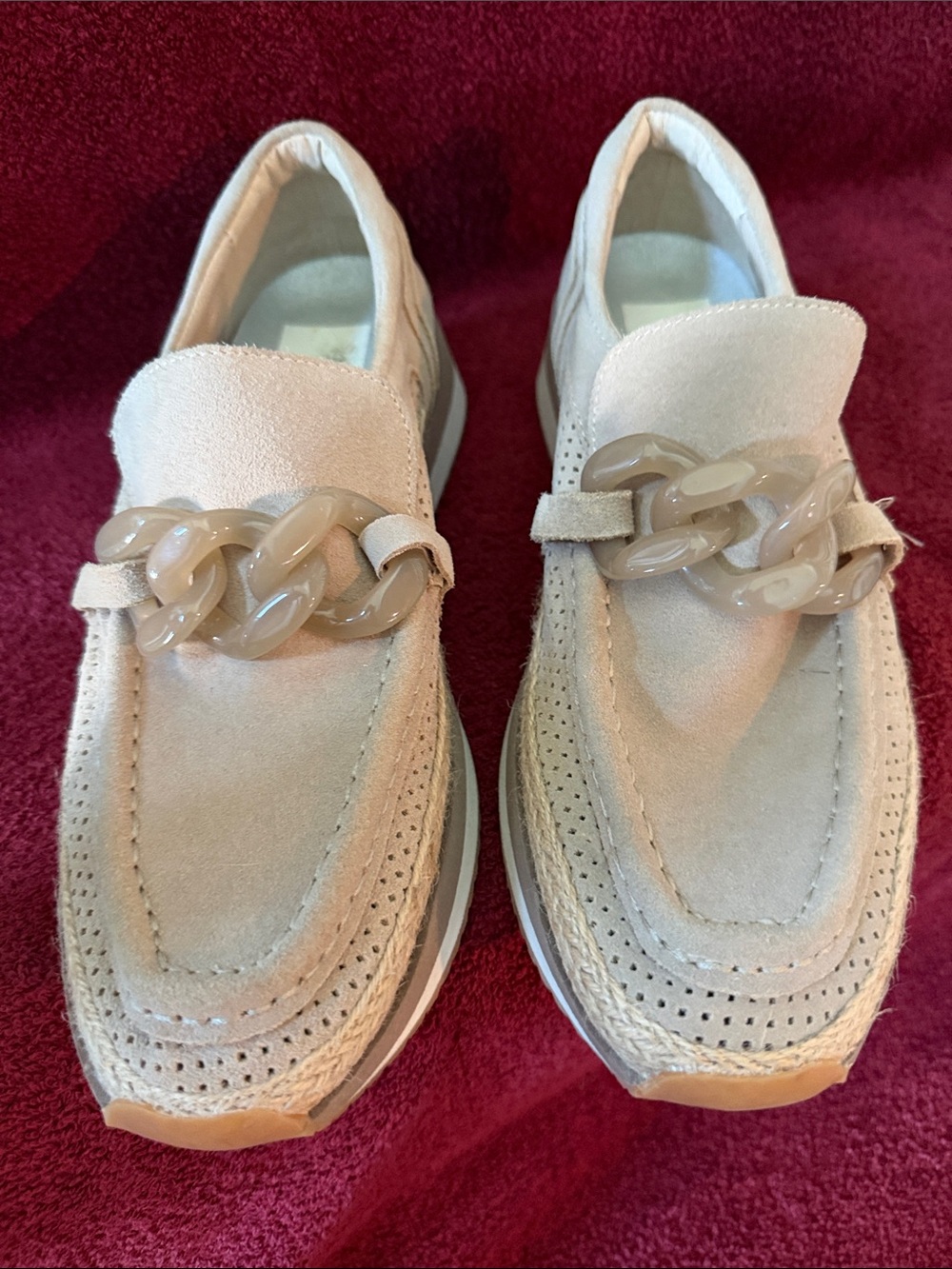 Dolce Vita Beige Suede Chain-Accent Slip-On Loafers